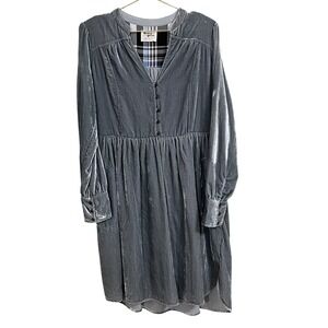 Holding Horses Velvet‎ Button Front Midi Dress Dusty Blue Long Sleeve Dress